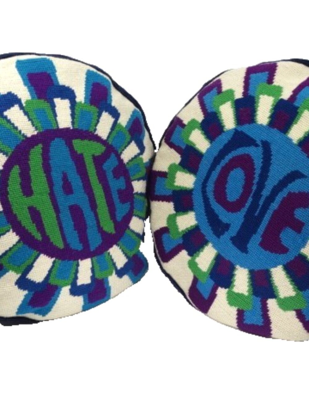 RARE!! Pair of Jonathan Adler Beige, Blue, & Green LOVE & HATE 15" Round Pillows